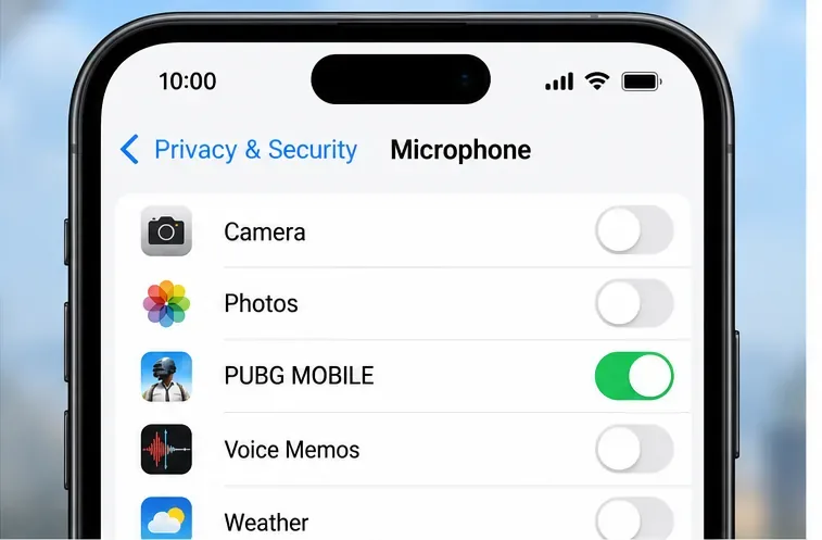 An iPhone Privacy and Security microphone list shows PUBG MOBILE microphone access turned on