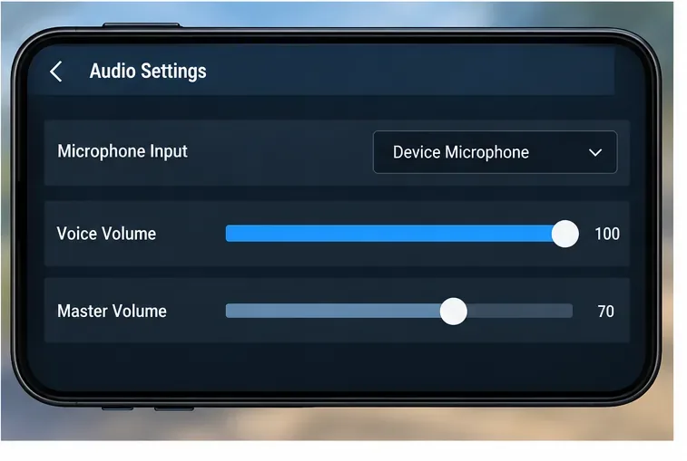 A conceptual game audio settings panel shows microphone input selection and voice volume