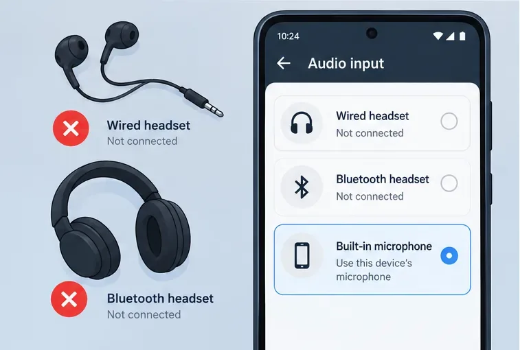 A headset troubleshooting illustration compares wired, Bluetooth, and built-in phone microphone options