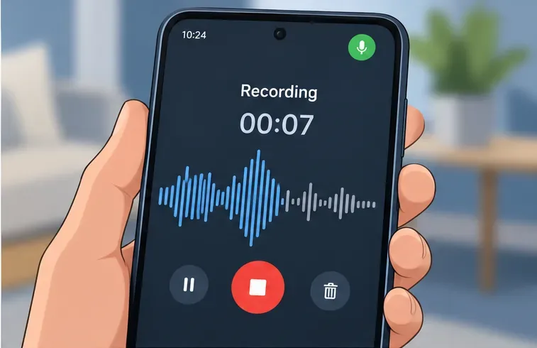 A phone recording screen shows a short waveform during a microphone test