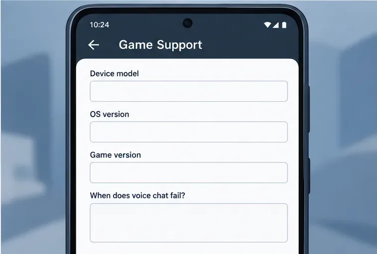 A generic game support form requests device model, operating system, game version, and when voice chat fails