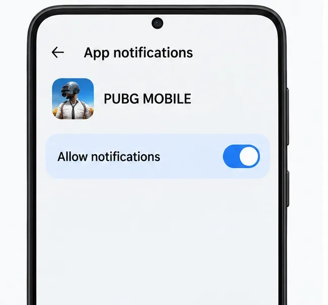 Illustrative Android app notification screen for PUBG MOBILE with Allow notifications switched on.