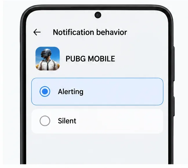 Illustrative notification behavior screen with Alerting selected and Silent available for PUBG MOBILE.