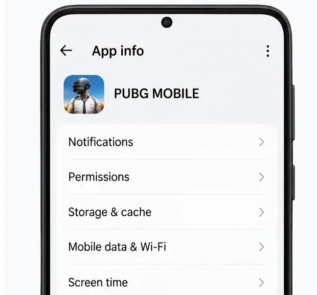 Illustrative Android App info screen for PUBG MOBILE with the Notifications row visible.