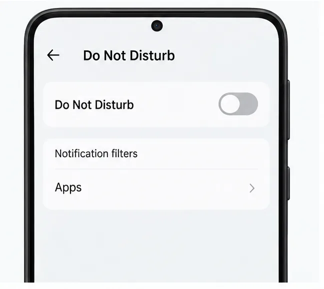 Illustrative Android Do Not Disturb settings screen showing the mode off and its app notification filters.