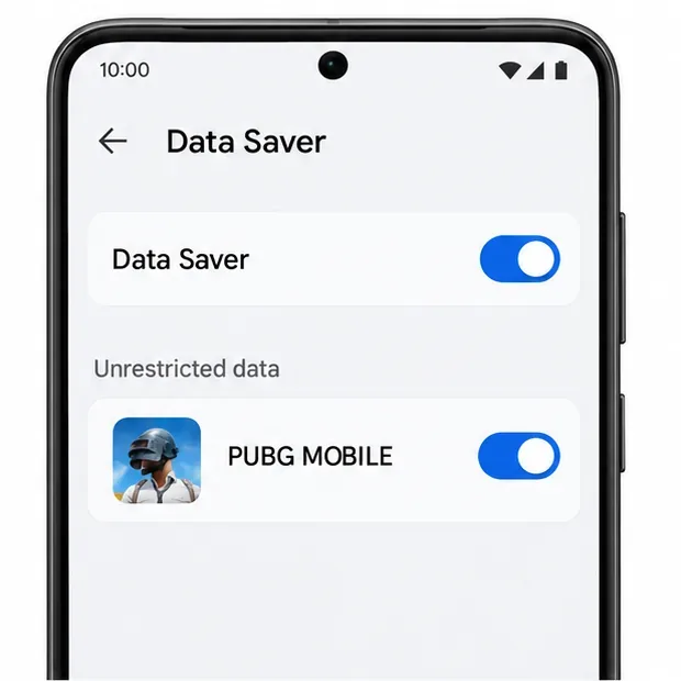 Illustrative Android Data Saver screen with unrestricted data enabled for PUBG MOBILE.