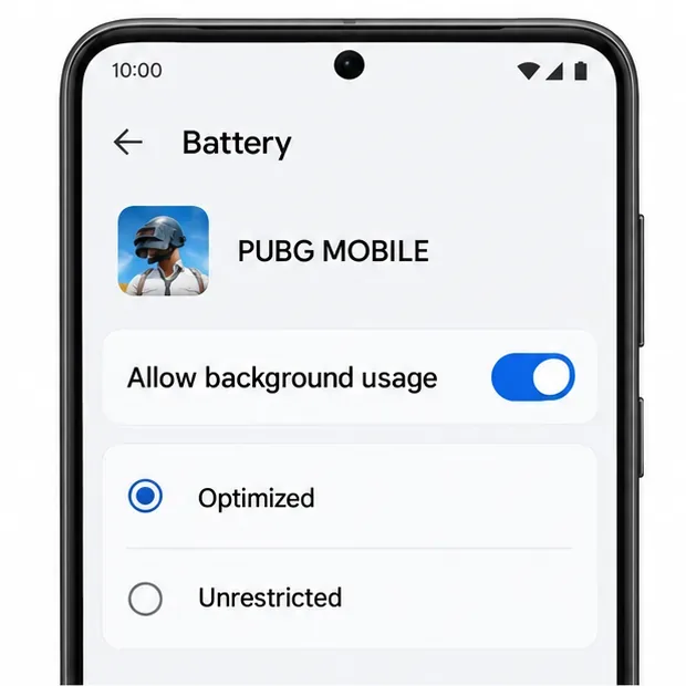 Illustrative PUBG MOBILE battery settings with background usage allowed and Optimized selected.
