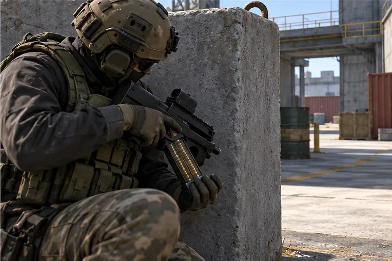 Player reloads a compact SMG while crouched behind a concrete block.
