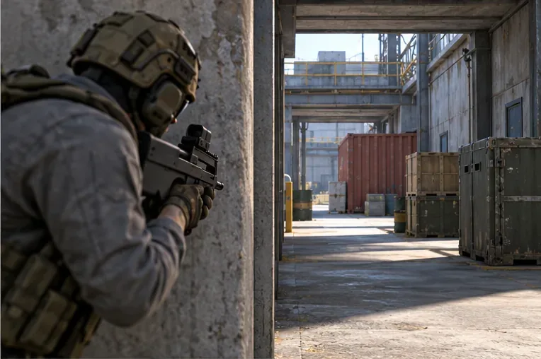 Player aims down a concrete corridor while staying tucked behind the near wall.