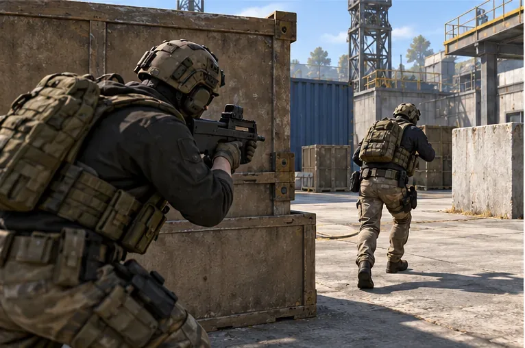 Two teammates move between crate cover in an industrial arena, with one watching the lane as the other advances.