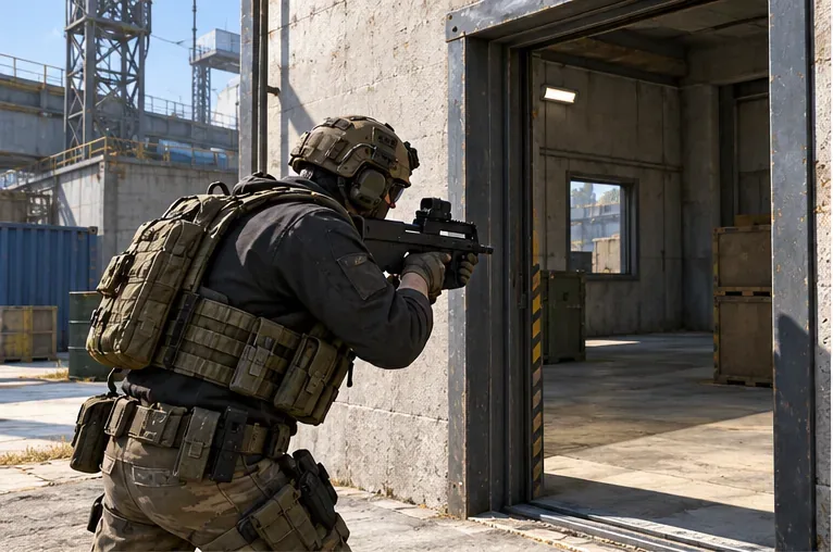 Armored player holds a compact SMG at shoulder height while approaching a doorway from the edge of cover.