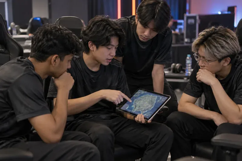 นักกีฬาอีสปอร์ตสี่คนศึกษาแผนที่เกมแบทเทิลรอยัลบนแท็บเล็ตก่อนเริ่มการแข่งขัน