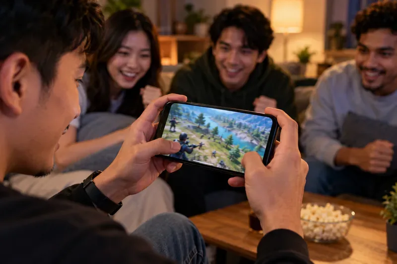 เพื่อนกลุ่มหนึ่งดูการถ่ายทอดสดเกมแบทเทิลรอยัลด้วยกันบนสมาร์ทโฟน