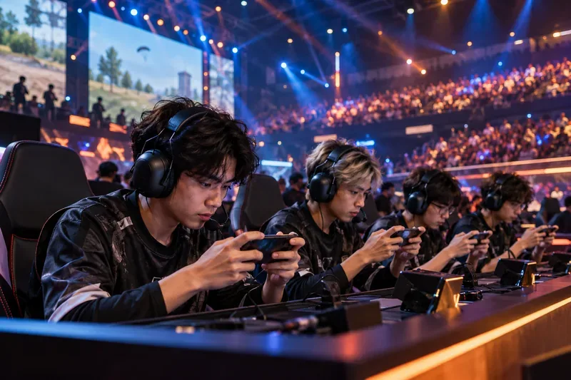 นักกีฬาอีสปอร์ตบนมือถือแข่งขันกันบนสมาร์ทโฟนในเวทีที่สว่างไสว ท่ามกลางผู้ชมจำนวนมาก