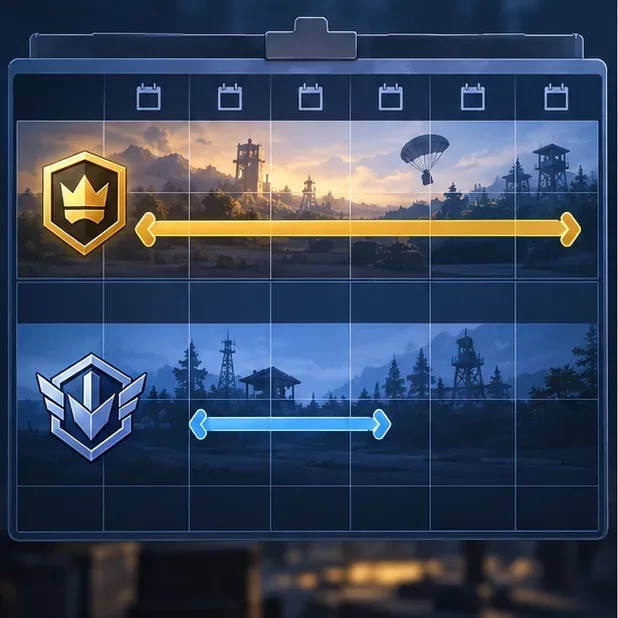 A calendar-style comparison showing a longer gold Royale Pass period and a separate shorter blue ranked-season period, with no dates shown.