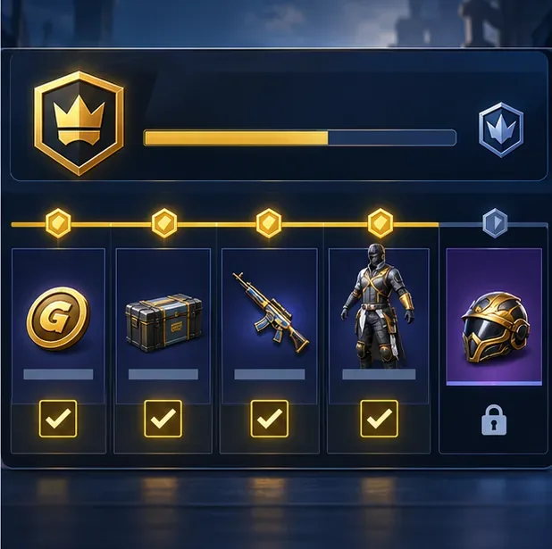 A seasonal reward track illustration with four claimed rewards and one locked reward, highlighting the need to claim available items before the pass closes.