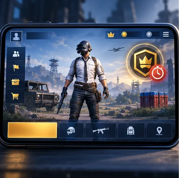 A battle royale game lobby illustration with a gold Royale Pass emblem and a clock icon, showing where to check the live countdown.