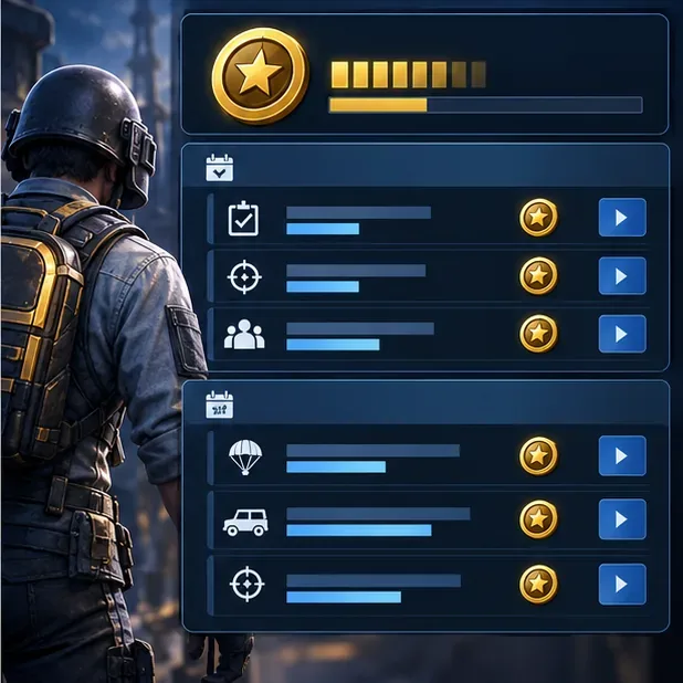 A battle royale player viewing daily and weekly mission cards with reward-point icons, representing a steady pass-progression plan.