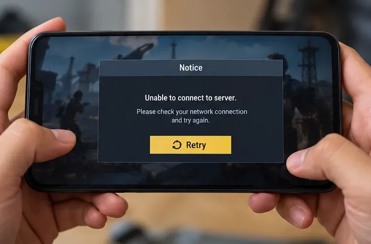 เกม Battle Royale บนมือถือแสดงข้อความ "ไม่สามารถเชื่อมต่อกับเซิร์ฟเวอร์ได้" พร้อมปุ่มลองใหม่
