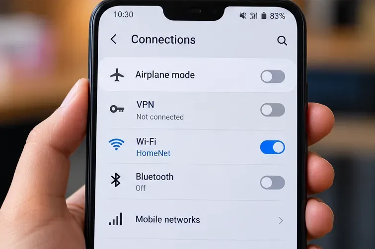 การตั้งค่าการเชื่อมต่อโทรศัพท์แสดงสถานะ VPN ที่ไม่ได้เชื่อมต่อ, Wi-Fi ที่เชื่อมต่อ และตัวเลือกเครือข่ายมือถือที่ใช้งานได้