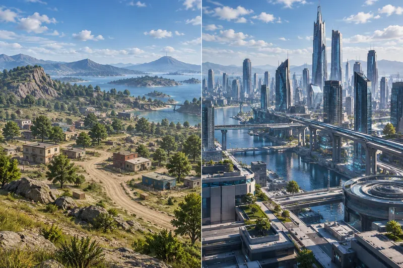 ภาพเปรียบเทียบโลกในเกม แสดงให้เห็นเกาะสีเขียวที่ทันสมัยตั้งอยู่เคียงข้างเส้นขอบฟ้าของเมืองที่หนาแน่นในอนาคตอันใกล้