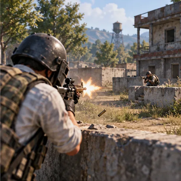 A player fires an assault rifle from behind low cover toward an opponent across a compound