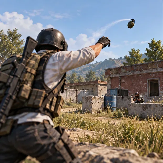 A player throws a frag grenade toward an opponent sheltering behind low cover