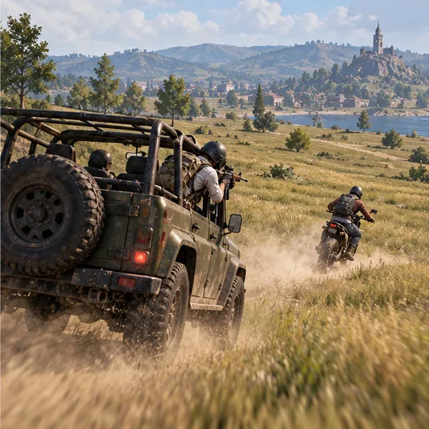 An off-road vehicle chases a motorcycle rider across an open grassy field