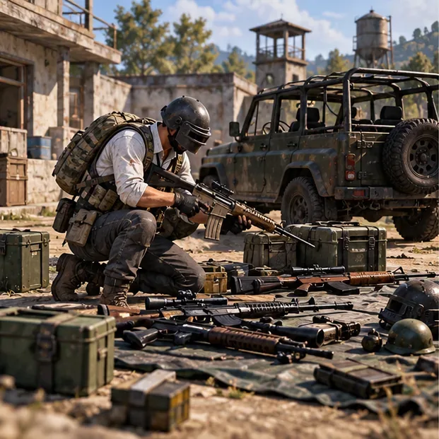 A PUBG Mobile-style player checks several weapons on the ground beside a parked off-road vehicle
