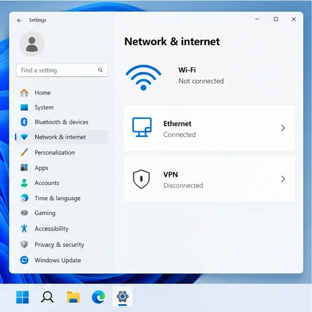 Windows Network and Internet settings showing Ethernet connected and VPN disconnected.