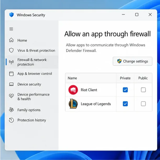 An illustrative Windows Firewall allow-app list shows Riot Client and League of Legends allowed on a private network.