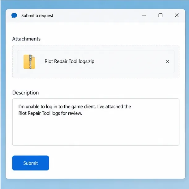An illustrative support form with a Riot Repair Tool log archive attached to a ticket.