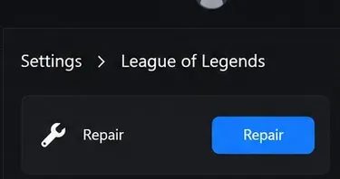 An illustrative Riot Client Settings view with League of Legends selected and a Repair button visible.