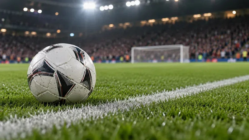 Een voetbal naast de geschilderde zijlijn op een groen veld, met een doel en toeschouwers wazig op de achtergrond.
