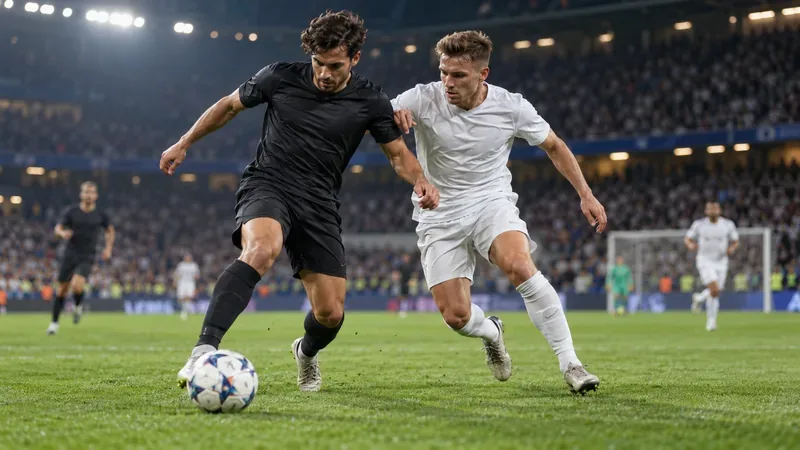 Twee ongemerkte voetballers in donker-witte tenues strijden om de bal onder de stadionverlichting.