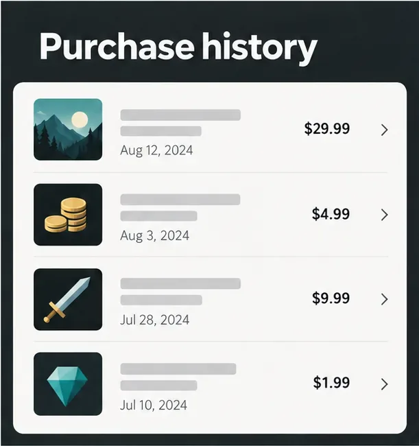 Tela genérica do histórico de compras, exibindo pedidos de jogos e itens digitais com datas e preços.