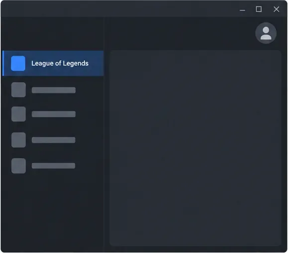 Janela ilustrativa do Riot Client com League of Legends selecionado na lista de jogos.