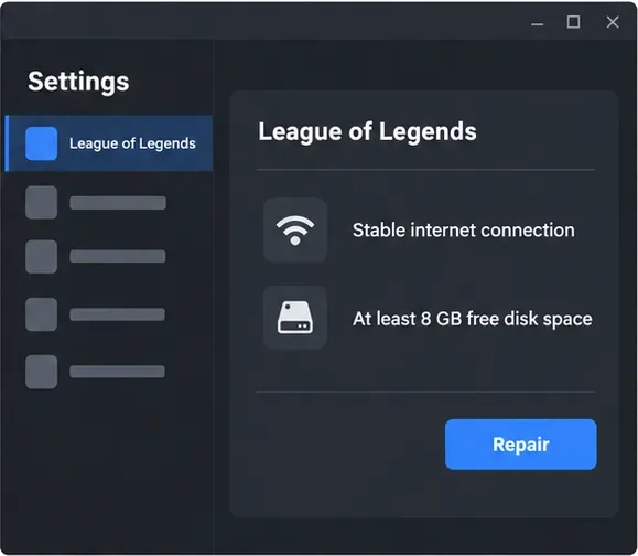 Página ilustrativa das configurações do cliente Riot com League of Legends selecionado e o botão "Reparar" visível.