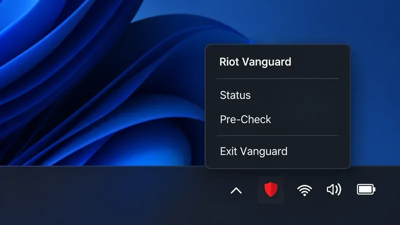 Illustrative Windows system tray panel for Riot Vanguard, with Status, Pre-Check, and Exit Vanguard options