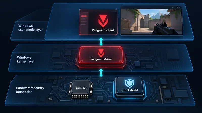 Conceptual Windows security stack showing the Vanguard client in user mode, the Vanguard driver in the kernel, and TPM and UEFI security features below