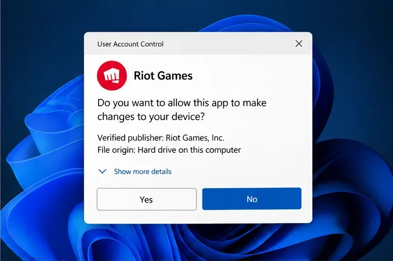 Windows User Account Control dialog naming Riot Games as the verified publisher, with Yes and No buttons