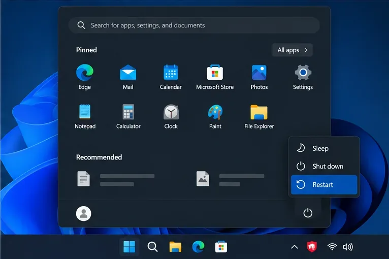 Windows 11 Start menu power options with Restart highlighted and a red Vanguard icon in the notification area