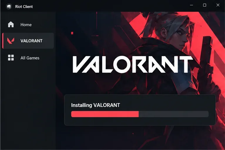 Riot Client showing VALORANT selected and a single in-progress installation bar