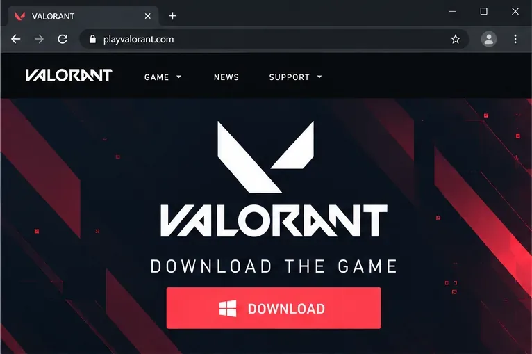 Browser showing the VALORANT download page at playvalorant.com with its Download button
