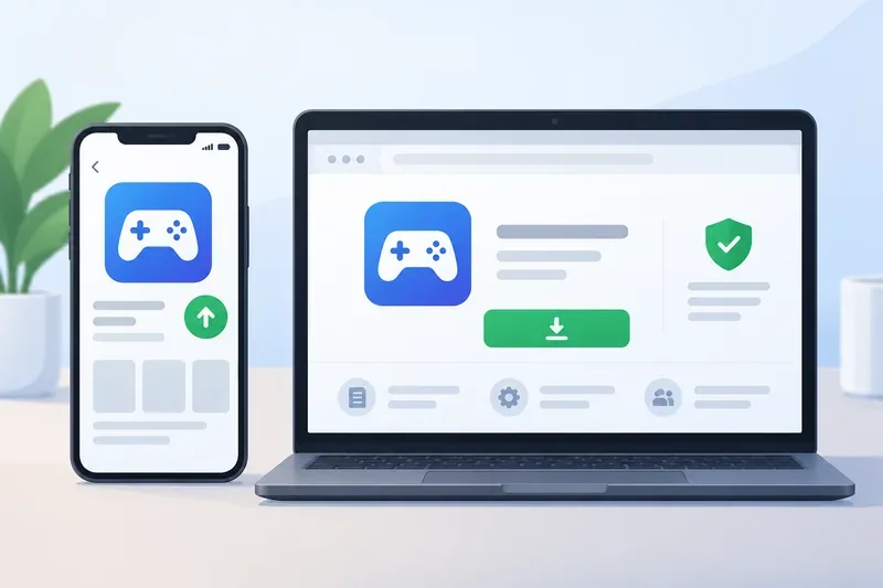 A phone app-store listing shows an update arrow next to an app, beside a desktop software download page with a shield icon.