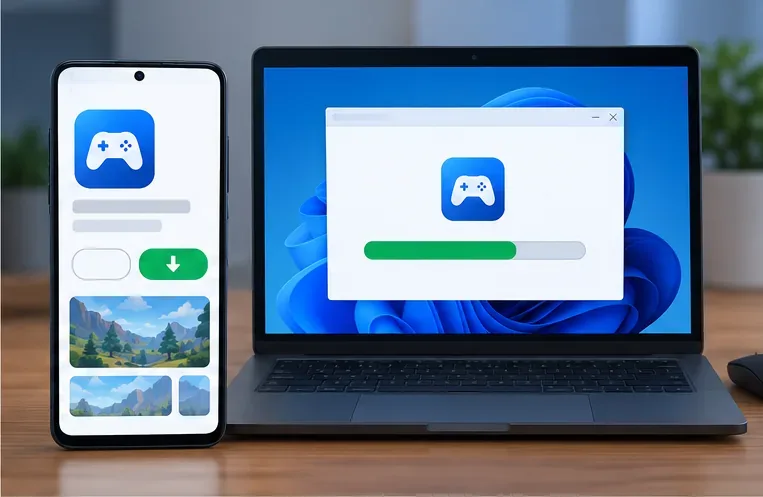 A phone shows a generic official app listing with an install arrow while a laptop displays software installation progress.
