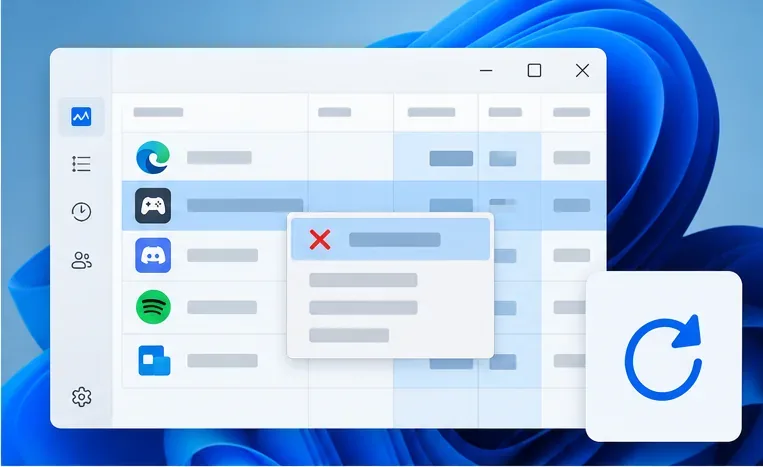 A generic Windows-style task manager shows a game app selected beside a restart symbol.