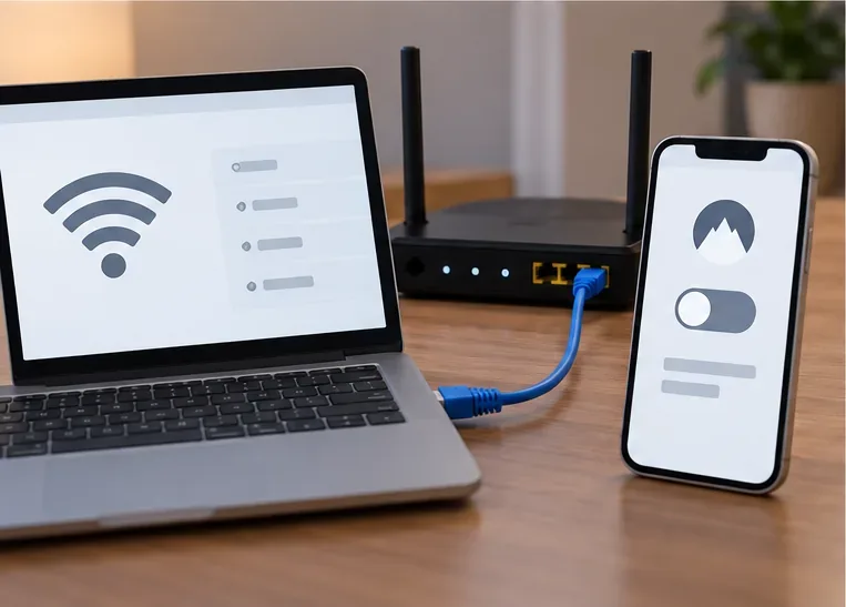 A laptop and phone sit beside a router, illustrating Wi-Fi, an Ethernet cable, and a VPN toggle.