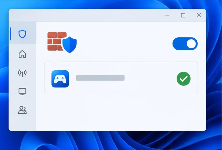 A generic security settings window shows firewall protection enabled and a game app permitted in an allow list.