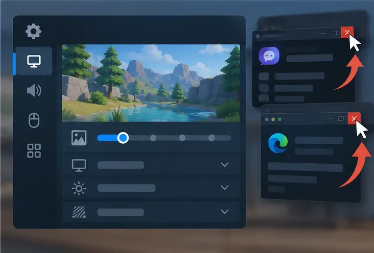A generic game settings panel shows a lowered graphics slider while two background app windows are being closed.